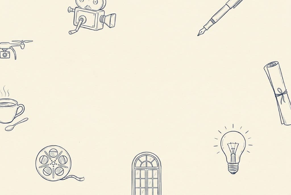 Hand-drawn editorial icons framing an open center on cream paper