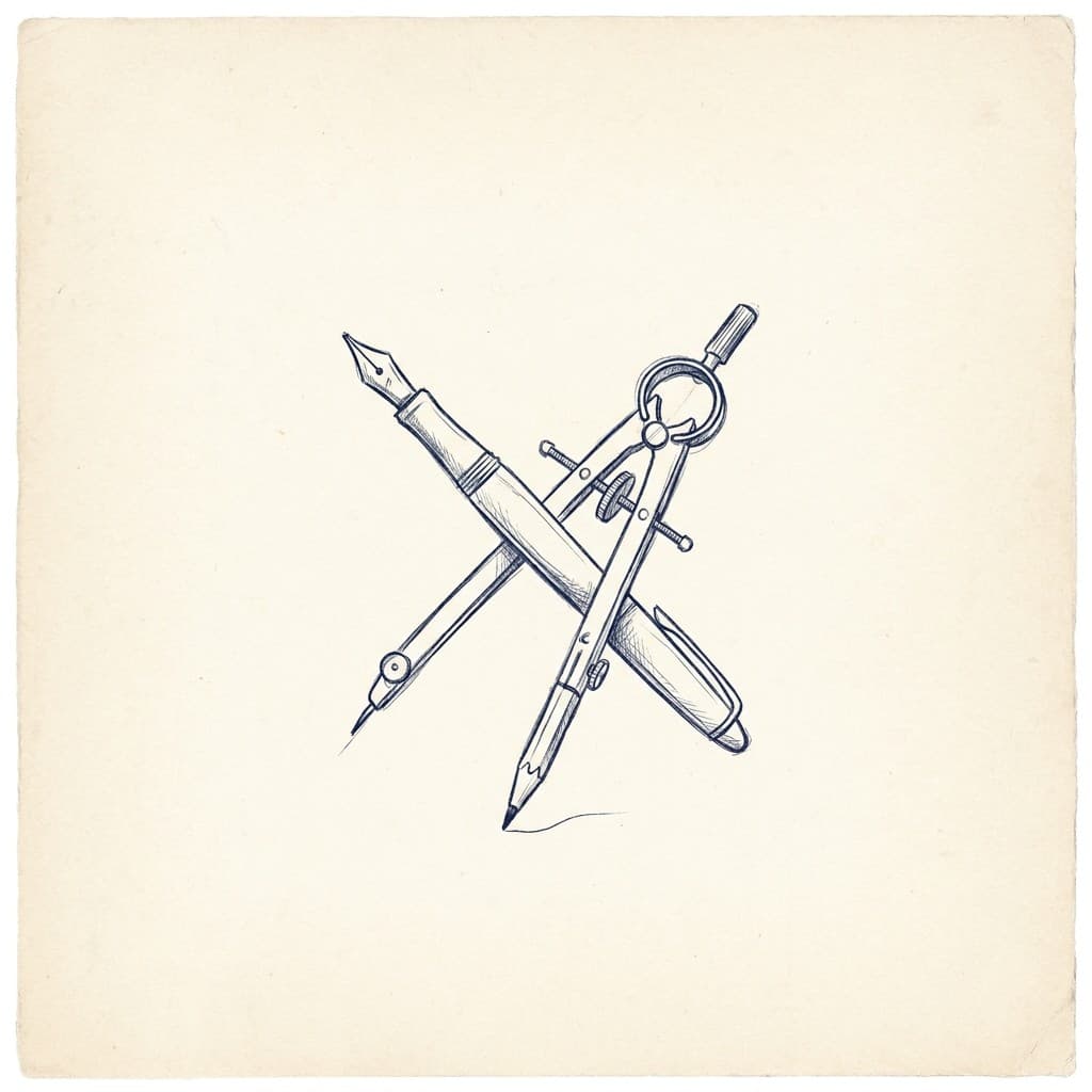 Hand-drawn compass and fountain pen on cream paper