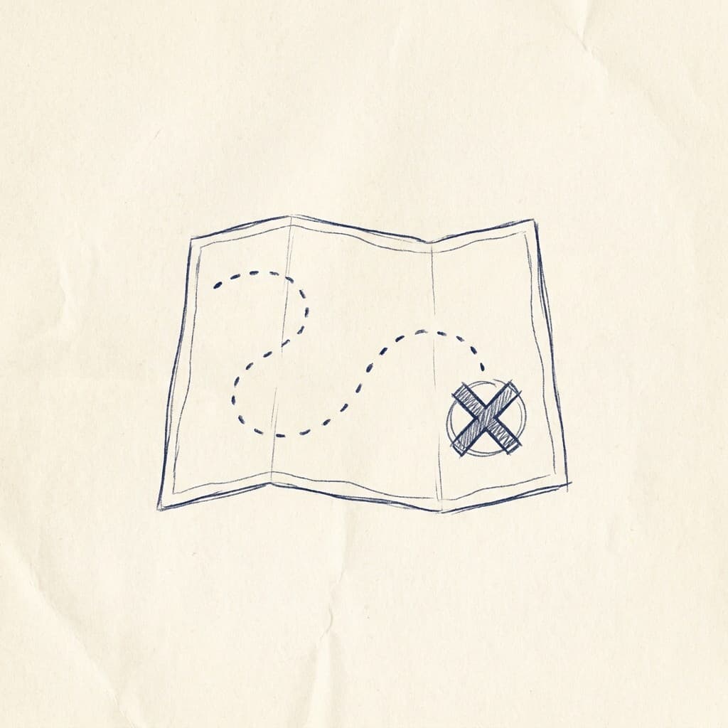 Hand-drawn treasure map with path to an X mark