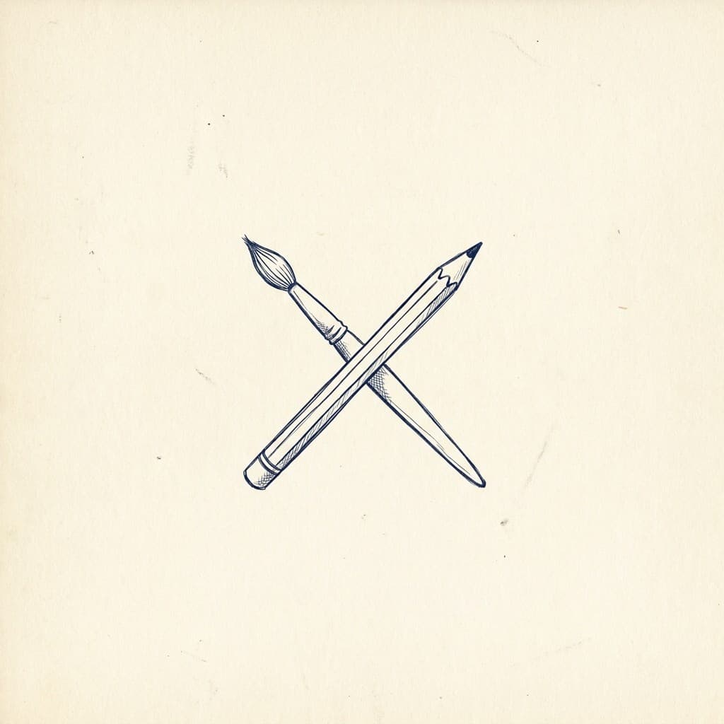 Hand-drawn crossed paintbrush and pencil