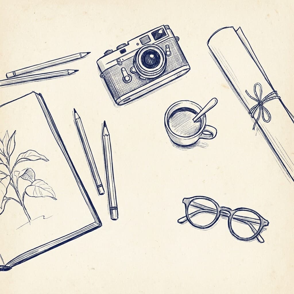 Hand-drawn creative workspace flat lay with camera and sketchbook