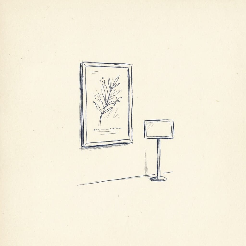 Hand-drawn framed artwork with gallery plaque