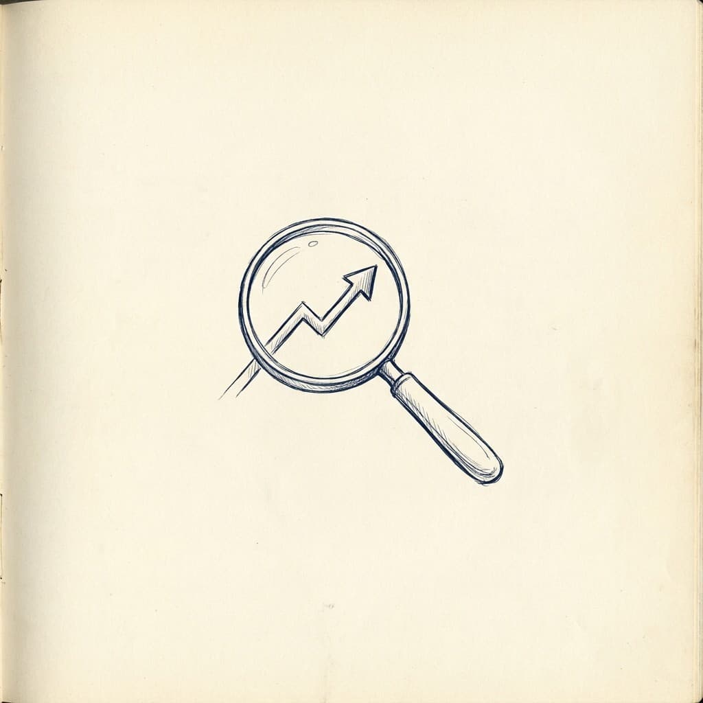 Hand-drawn magnifying glass with upward trend arrow