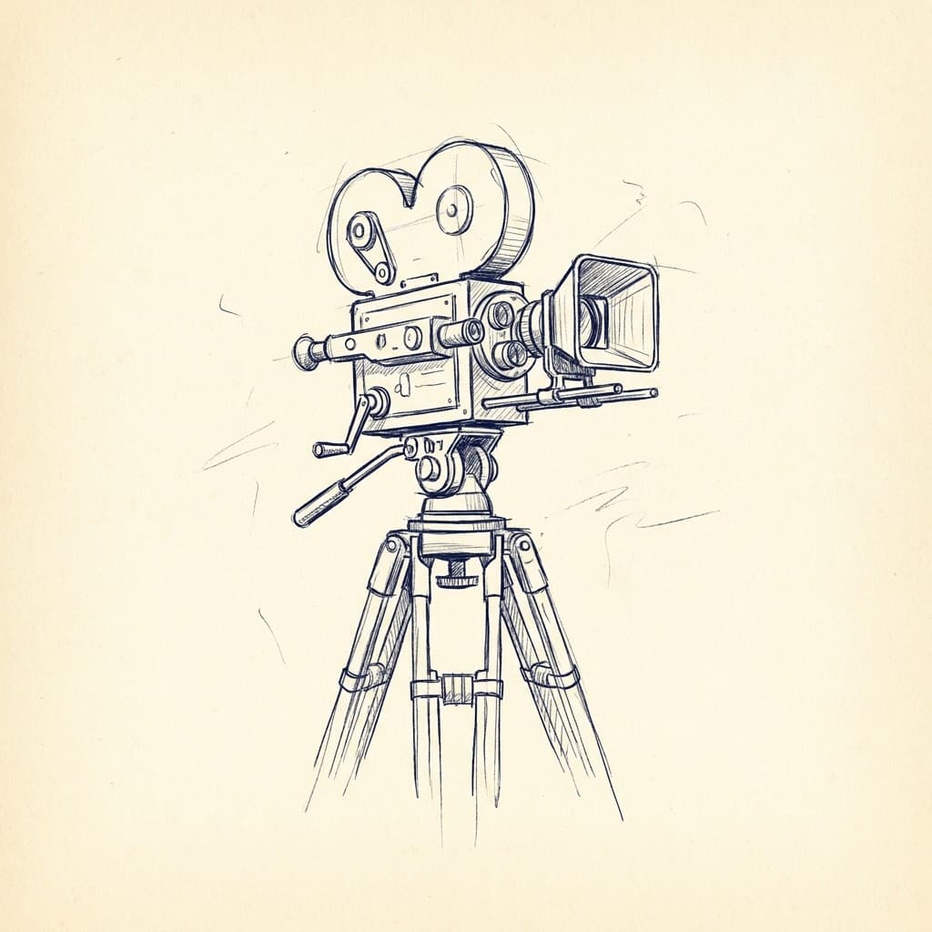 Hand-drawn vintage film camera on a tripod