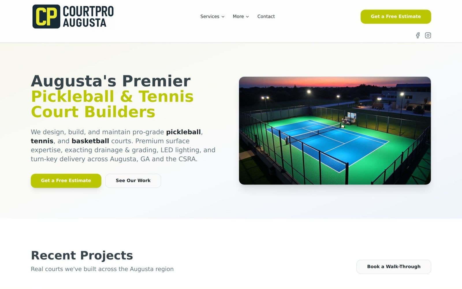 The CourtPro Augusta homepage with a Get a Free Estimate button beside a lit court at night