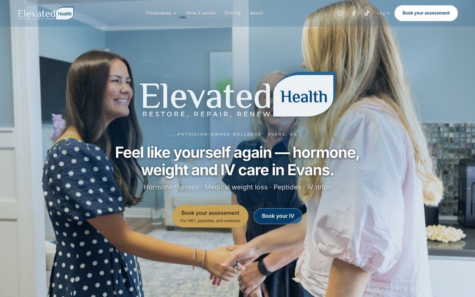The Elevated Health Augusta homepage, with booking buttons for an assessment and IV therapy