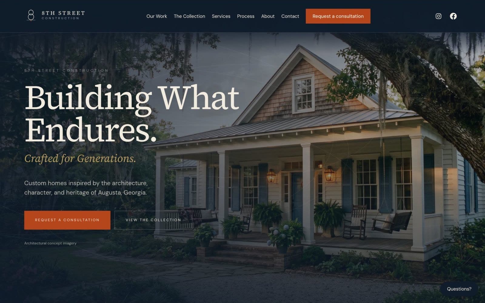The 8th Street Construction homepage, headed Building What Endures, over a porch at dusk