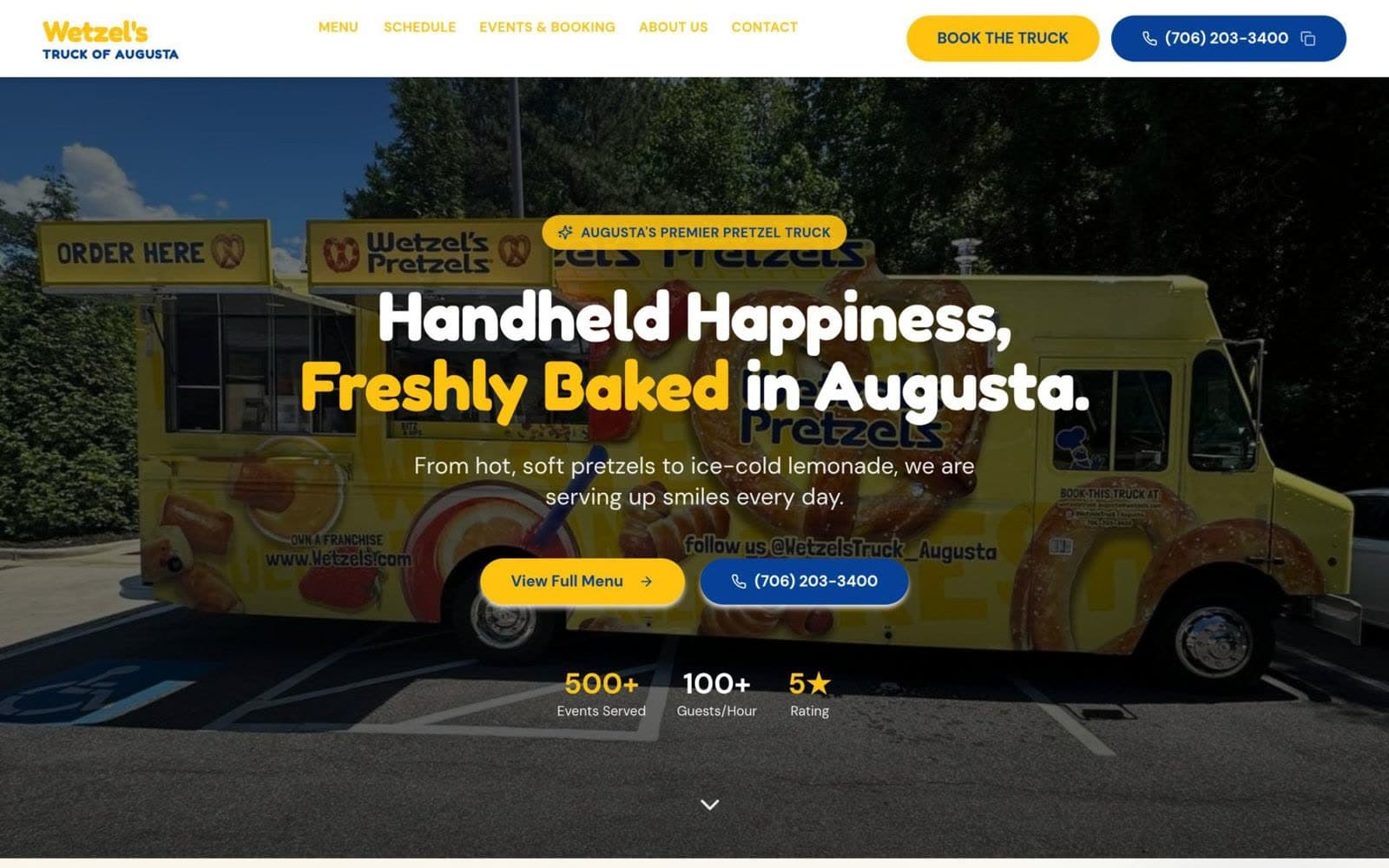 The Wetzel's Truck of Augusta homepage with a Book the Truck button above the pretzel truck